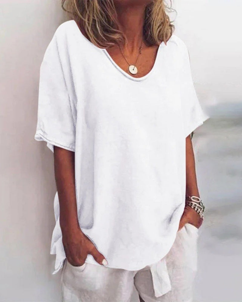 Women’s Relaxed Short Sleeve Blouse – Ruffle Neck Casual Top for Everyday Wear