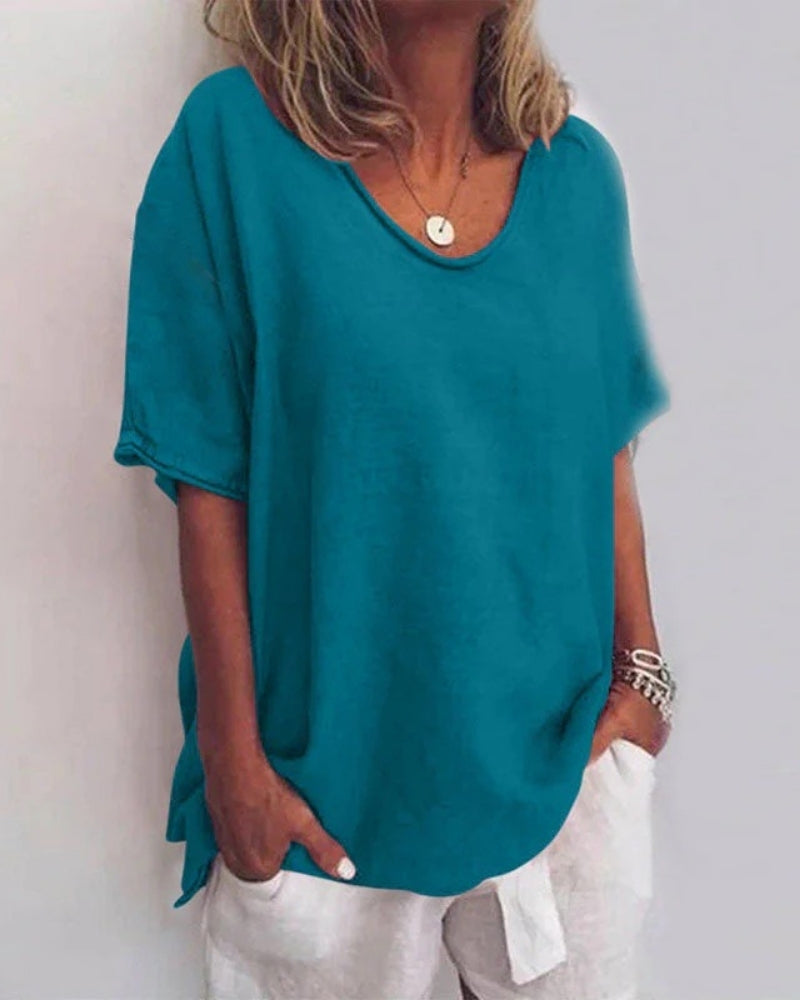 Women’s Relaxed Short Sleeve Blouse – Ruffle Neck Casual Top for Everyday Wear