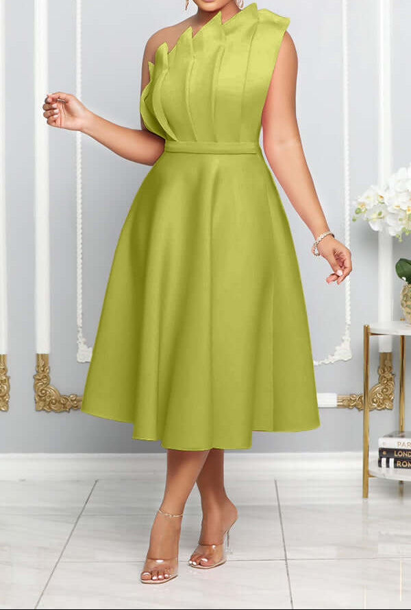 Robe midi asymétrique à une épaule pour femme, avec encolure sculpturale et taille marquée - Élégante robe de cérémonie trapèze pour les événements formels