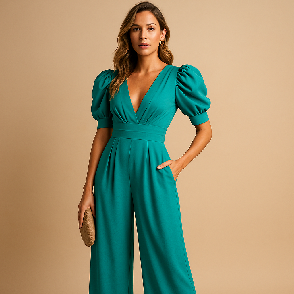 Women’s Wide-Leg Jumpsuit – Tailored V-Neck Style with Puff Sleeves for Weddings Dinners Parties and Elegant Formal Occasions