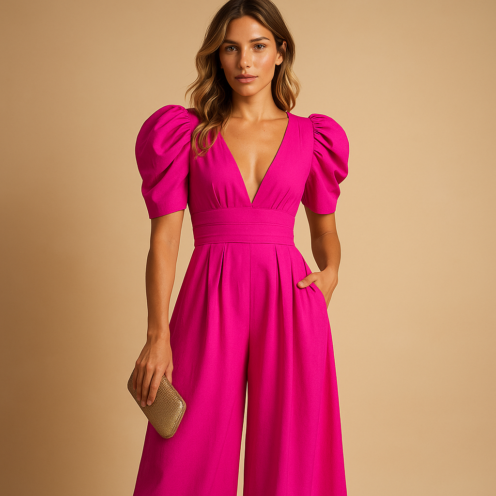 Women’s Wide-Leg Jumpsuit – Tailored V-Neck Style with Puff Sleeves for Weddings Dinners Parties and Elegant Formal Occasions