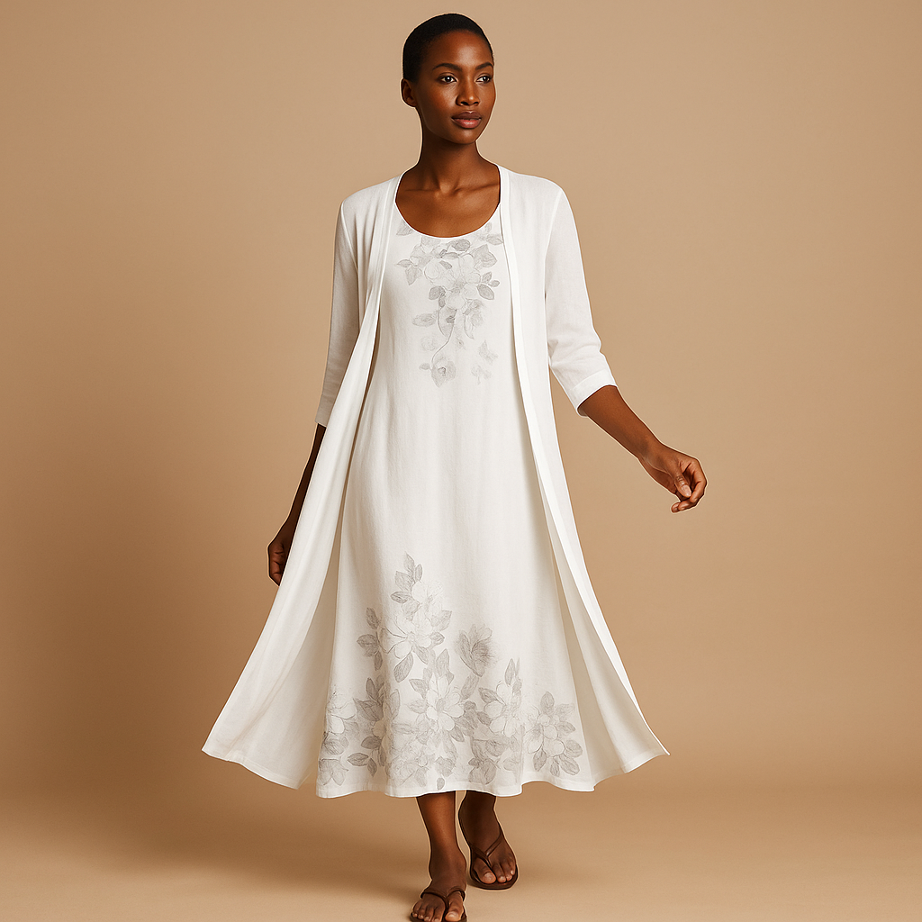 Ženska cvjetna maksi haljina i kimono set - lagani komplet bez rukava iz dva dijela za ljetne praznike, večere i elegantne prigode