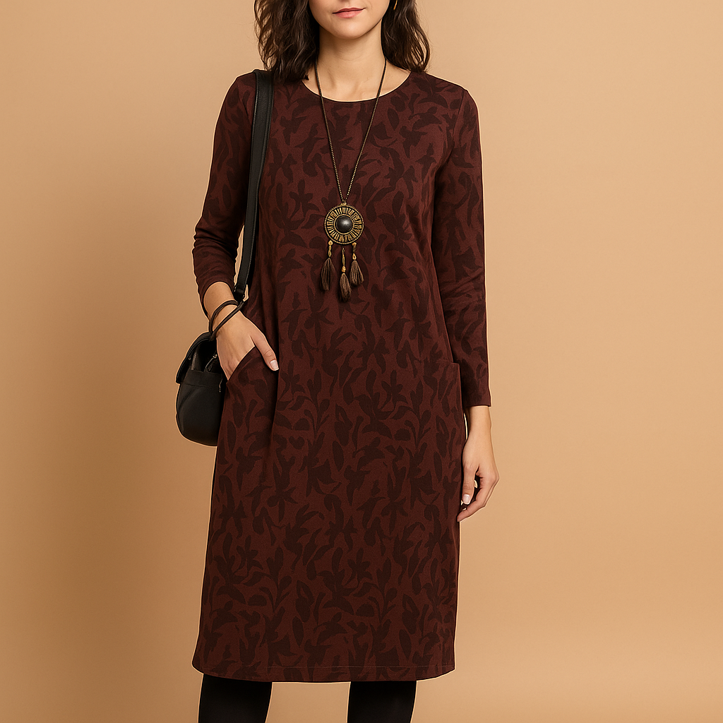 Rochie midi imprimată de damă, cu mâneci lungi, decolteu rotund și buzunare aplicate – Siluetă lejeră tip cocon pentru purtare zilnică și ținute casual la cină