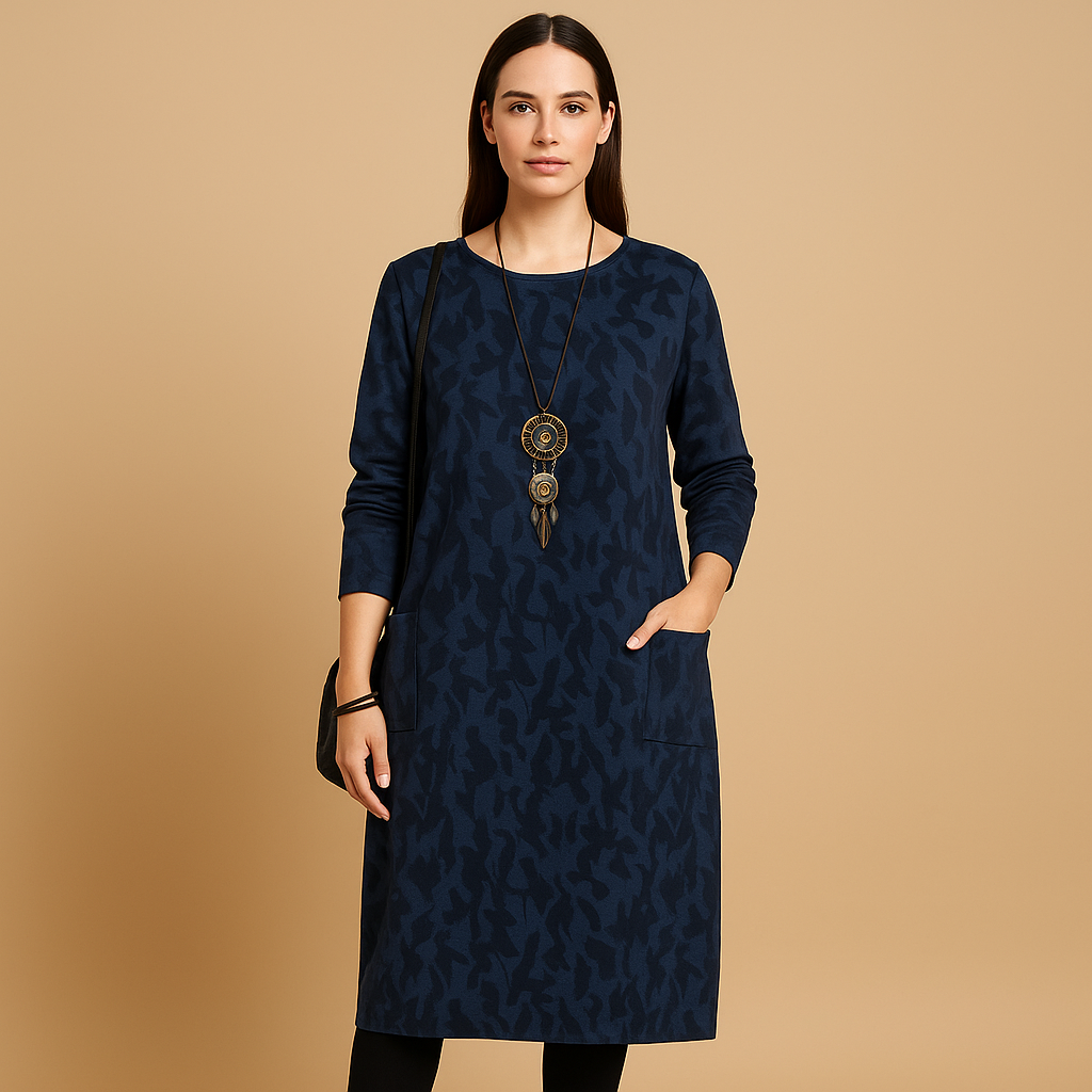 Rochie midi imprimată de damă, cu mâneci lungi, decolteu rotund și buzunare aplicate – Siluetă lejeră tip cocon pentru purtare zilnică și ținute casual la cină