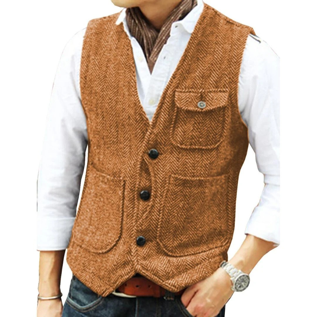 Men’s Herringbone Traditional Waistcoat – Multi-Pocket Heritage Layer for Festivals and Casual Wear