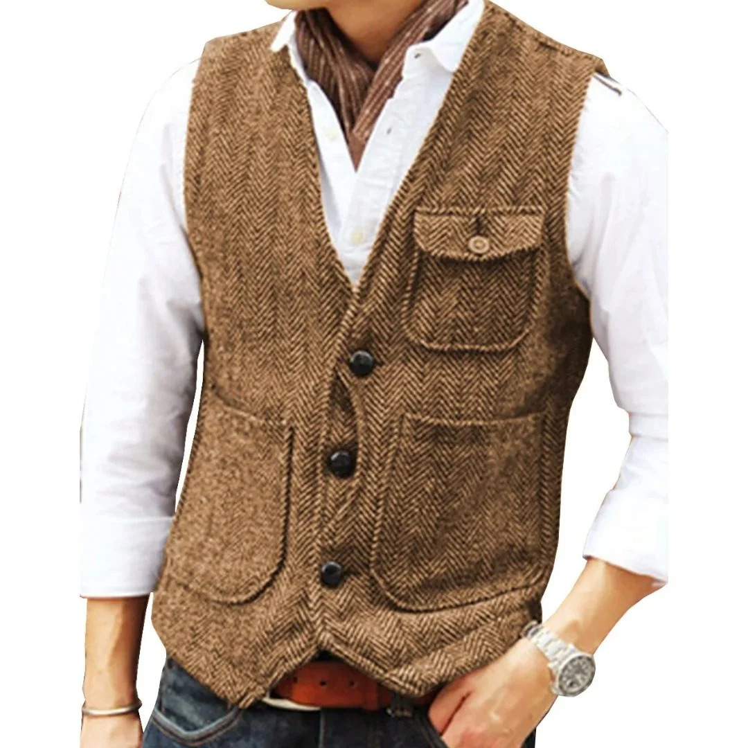 Men’s Herringbone Traditional Waistcoat – Multi-Pocket Heritage Layer for Festivals and Casual Wear