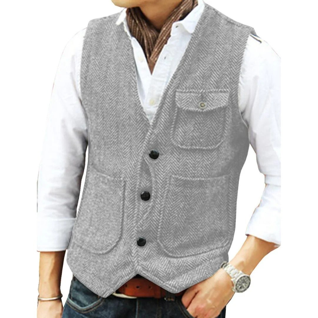 Men’s Herringbone Traditional Waistcoat – Multi-Pocket Heritage Layer for Festivals and Casual Wear