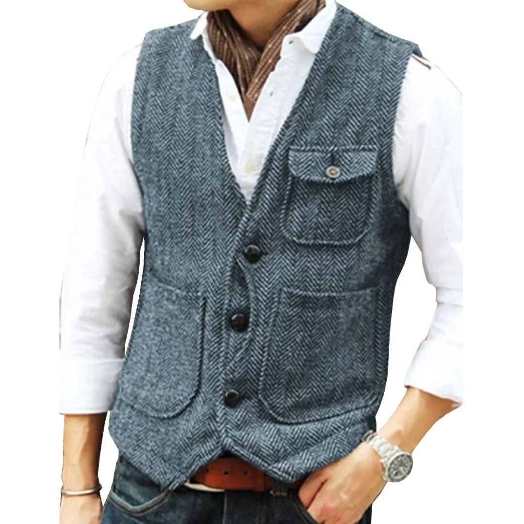 Men’s Herringbone Traditional Waistcoat – Multi-Pocket Heritage Layer for Festivals and Casual Wear