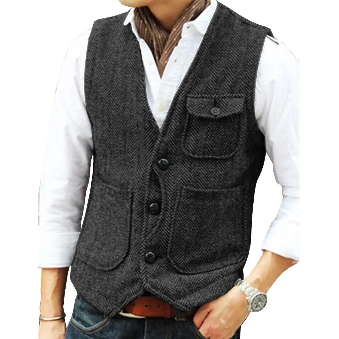 Men’s Herringbone Traditional Waistcoat – Multi-Pocket Heritage Layer for Festivals and Casual Wear