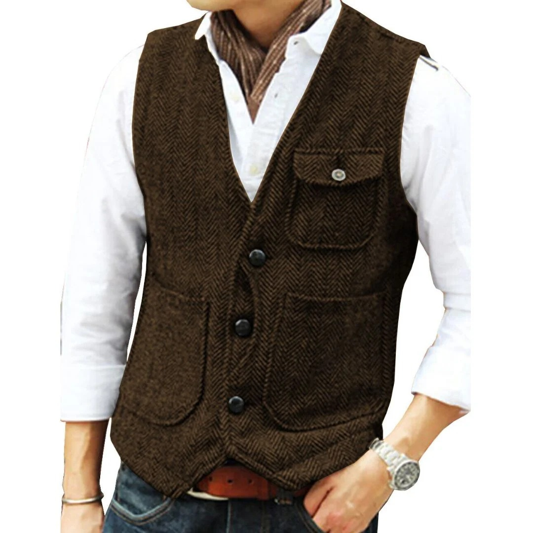 Men’s Herringbone Traditional Waistcoat – Multi-Pocket Heritage Layer for Festivals and Casual Wear