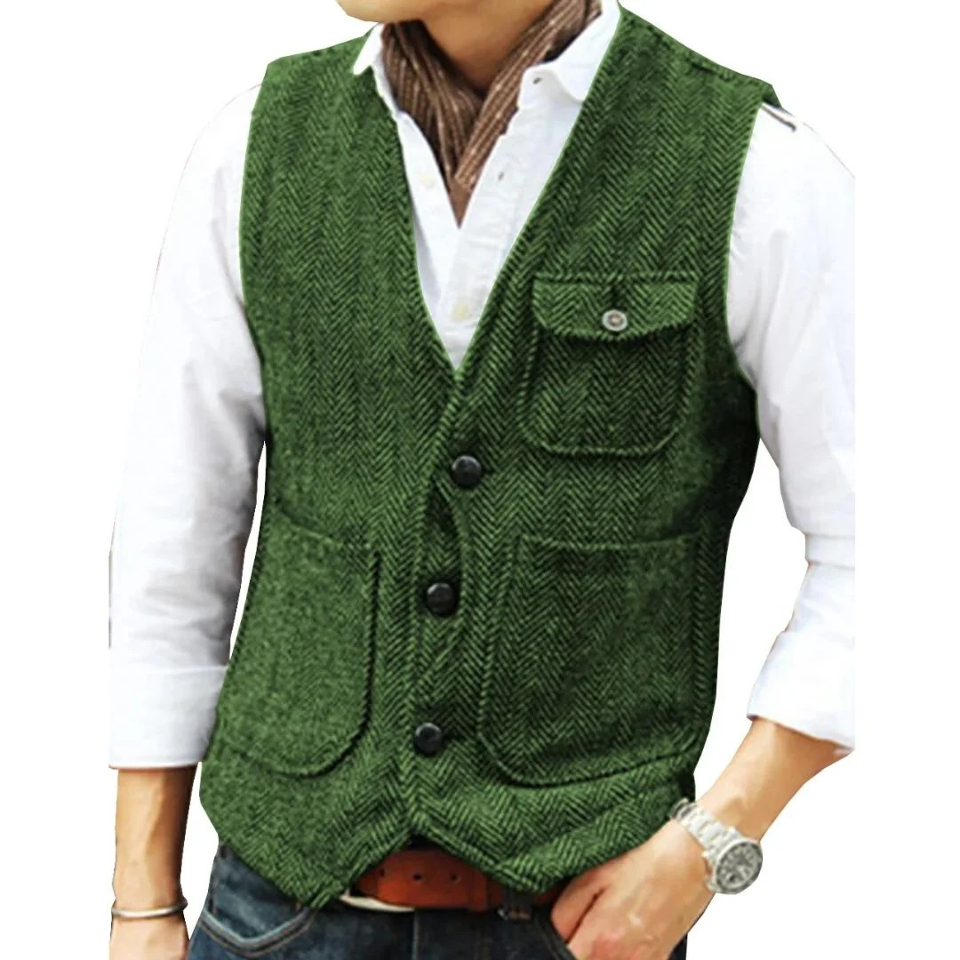 Men’s Herringbone Traditional Waistcoat – Multi-Pocket Heritage Layer for Festivals and Casual Wear
