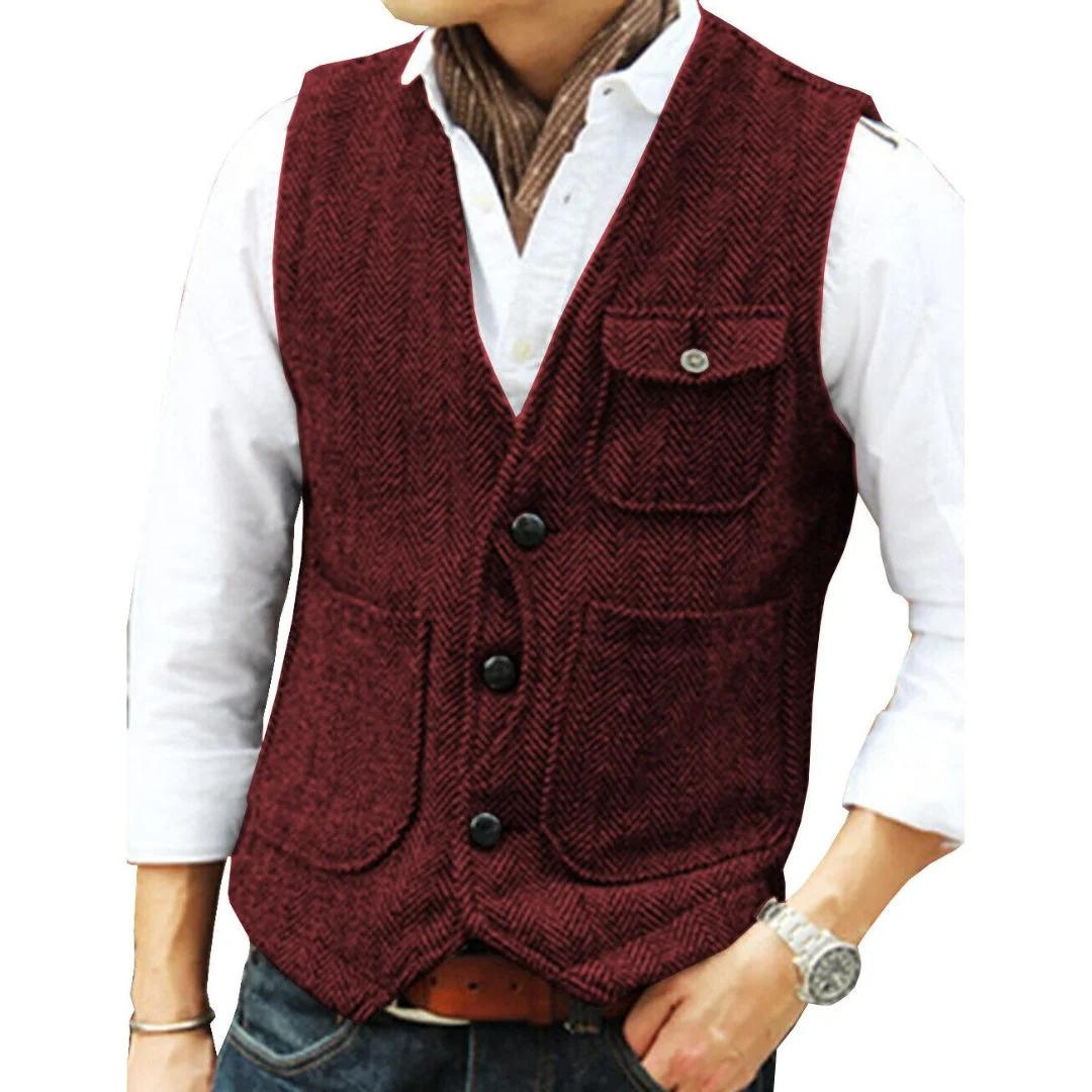 Men’s Herringbone Traditional Waistcoat – Multi-Pocket Heritage Layer for Festivals and Casual Wear