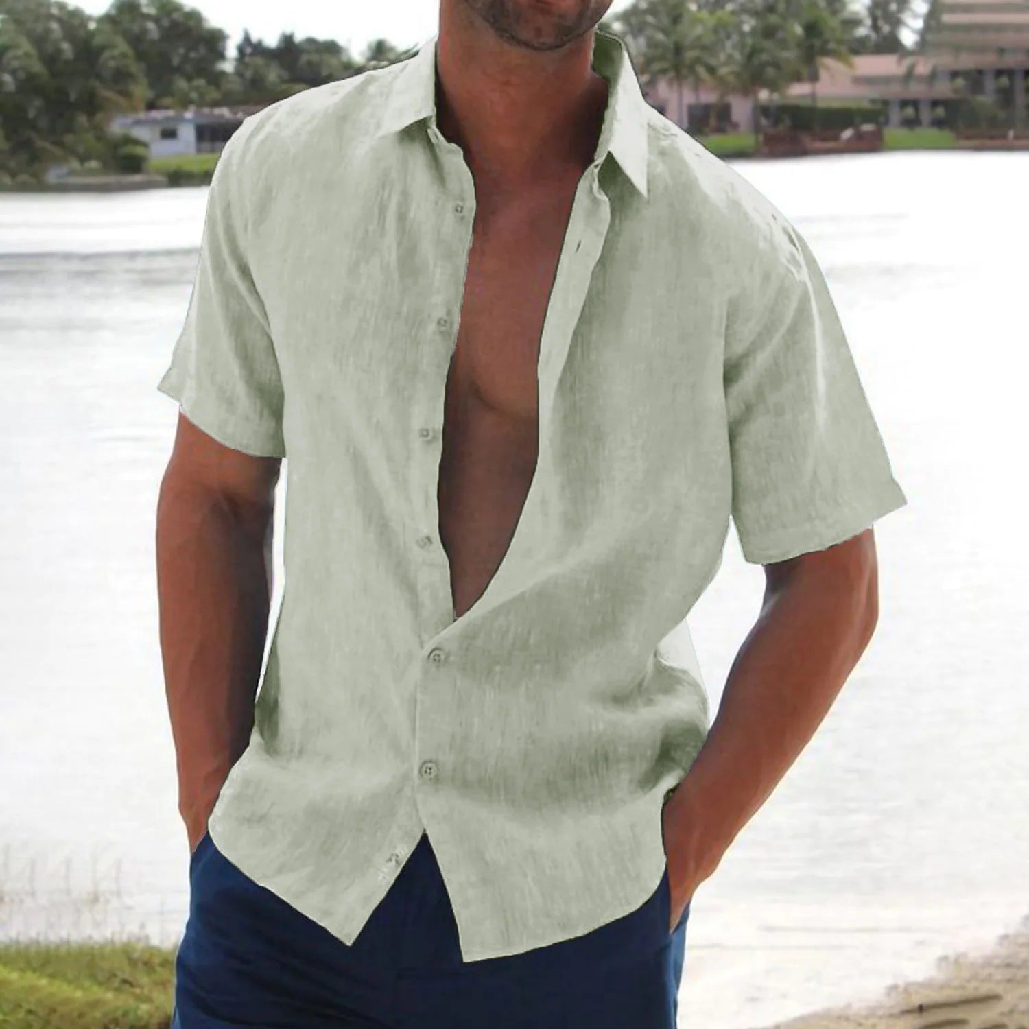 Férfi rövid ujjú lenvászon ing, laza nyári gombos kialakítással