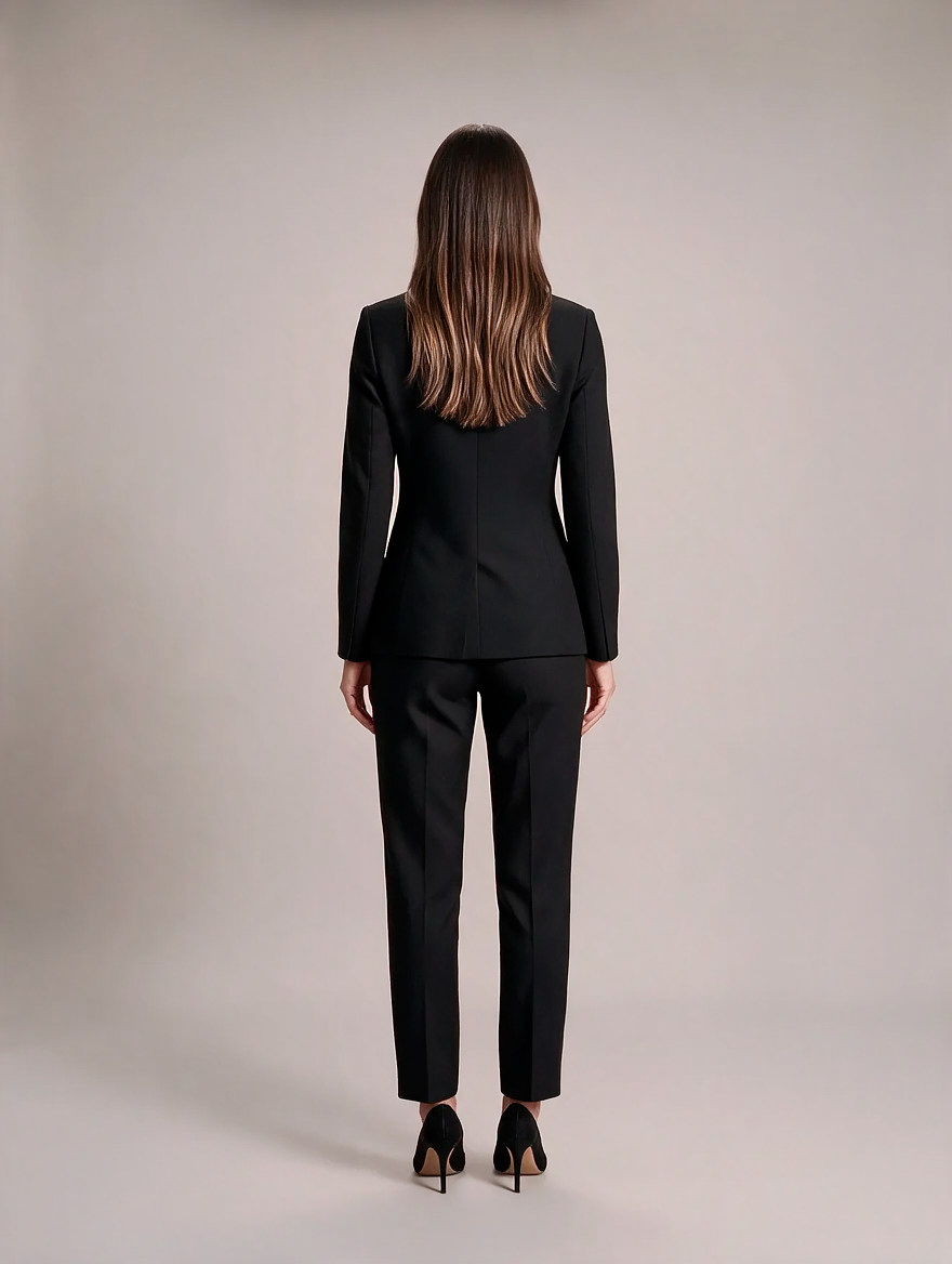 Damespak met pantalon - Getailleerde blazer met dubbele rij knopen en pantalon met rechte pijpen voor kantoor en avondkleding