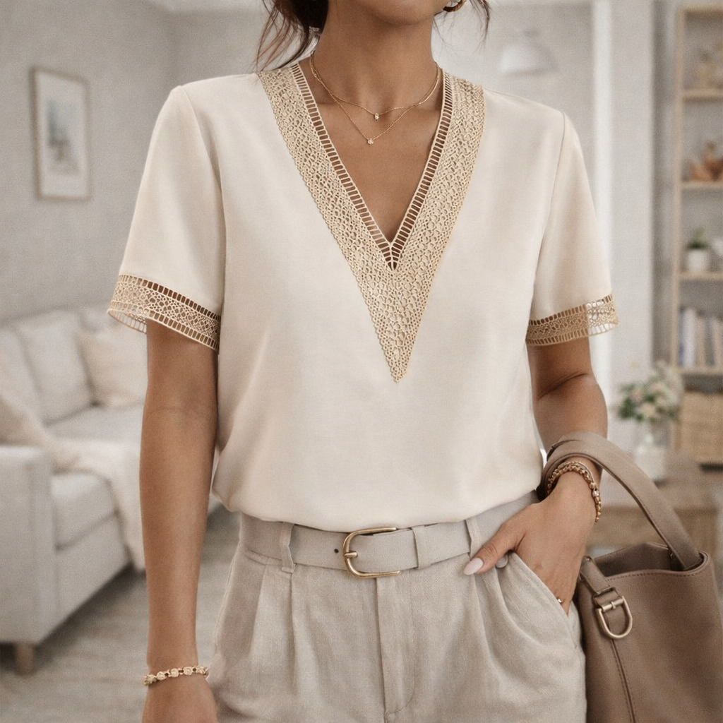 Women’s Lace Trim V Neck Blouse Elegant Short Sleeve Top