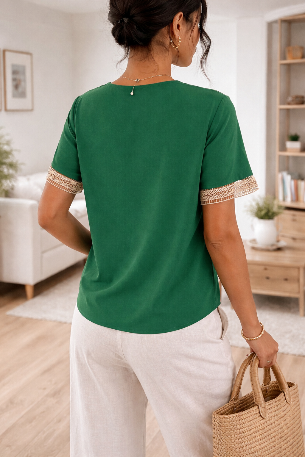 Women’s Lace Trim V Neck Blouse Elegant Short Sleeve Top