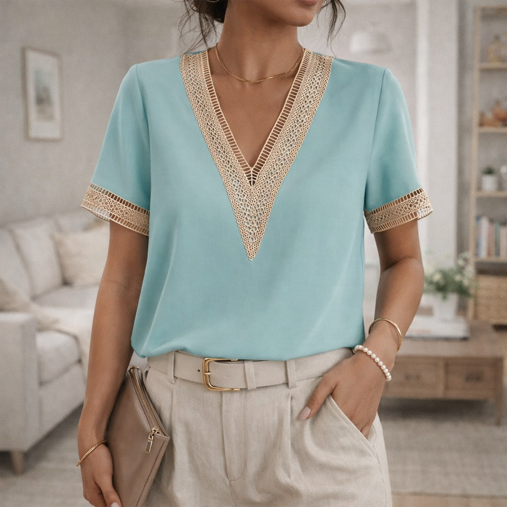 Women’s Lace Trim V Neck Blouse Elegant Short Sleeve Top