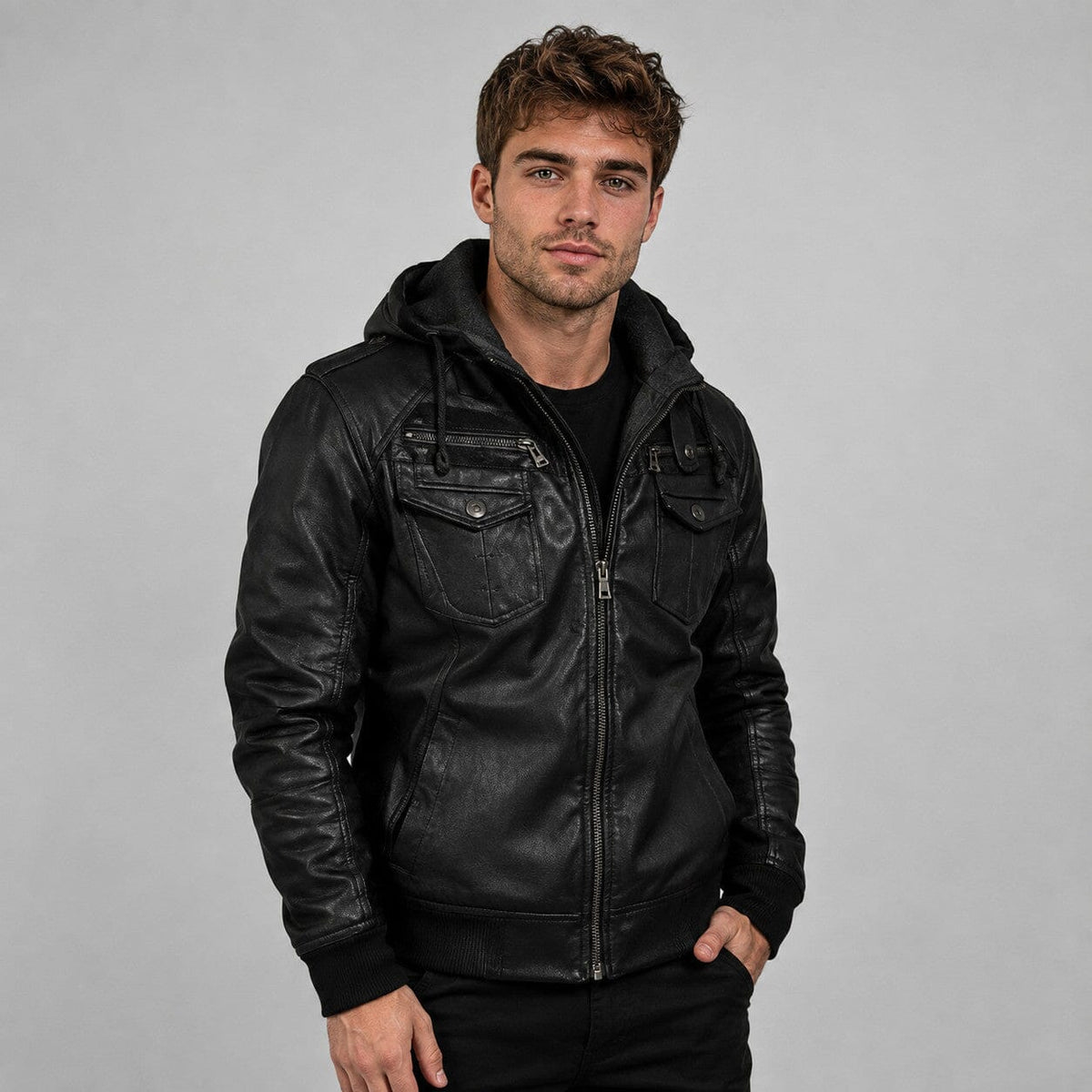 Men’s Hooded Faux-Leather Utility Jacket – Detachable Hood Multi-Pocket Zip-Front Style for Transitional City Wear and Casual Everyday Outfits