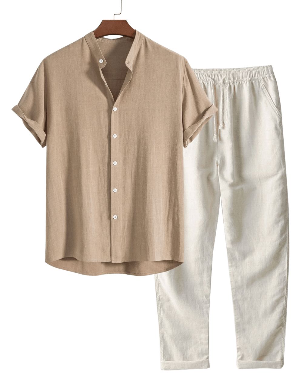 Conjunto de lino de manga corta para hombre: camisa y pantalón transpirables para viajar en verano