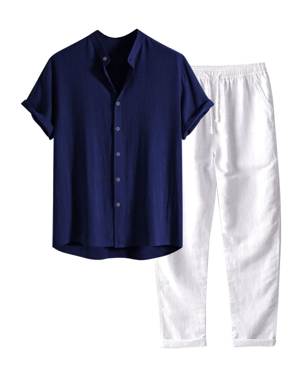 Conjunto de lino de manga corta para hombre: camisa y pantalón transpirables para viajar en verano