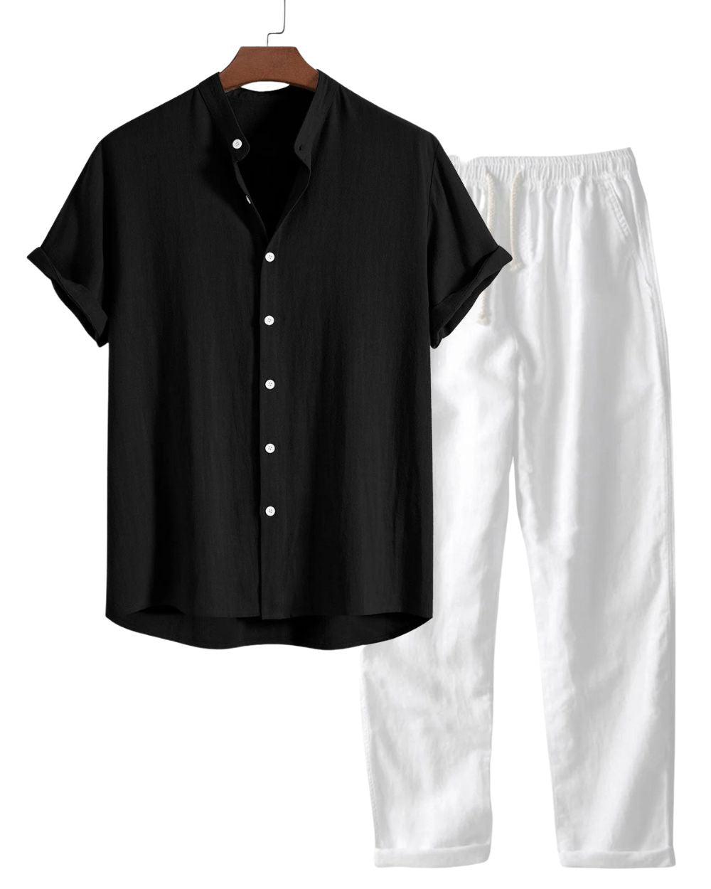 Conjunto de lino de manga corta para hombre: camisa y pantalón transpirables para viajar en verano