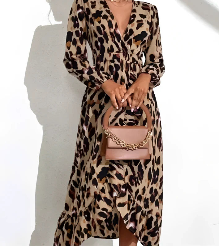 Women’s Leopard Print Dress – Elegant V Neck A Line Midi Stylish Casual Occasion Wear