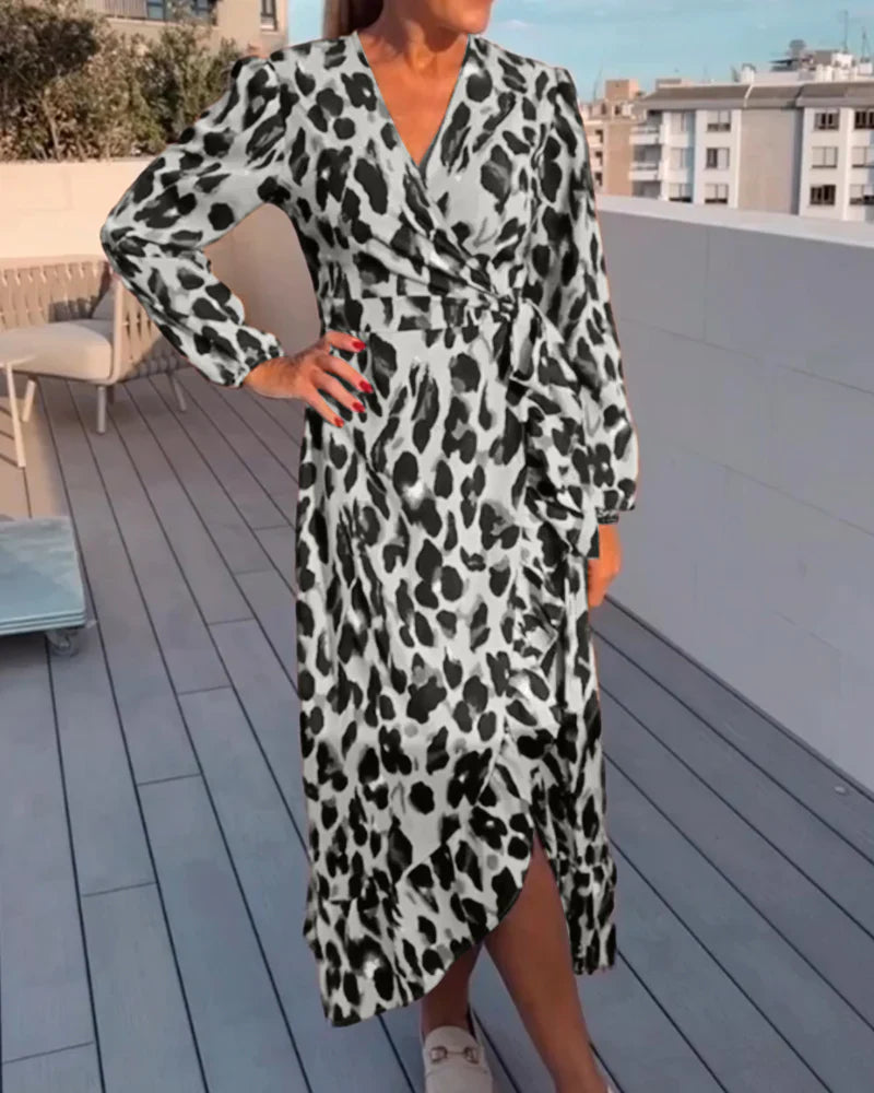 Women’s Leopard Print Dress – Elegant V Neck A Line Midi Stylish Casual Occasion Wear