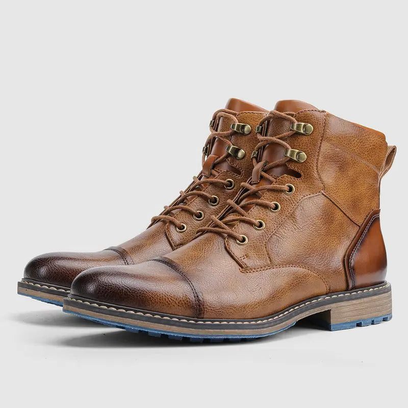 Snørestøvler i læder til mænd - ankelstøvler med cap-toe, blokhæl og kontrastsål til smart-casual brug