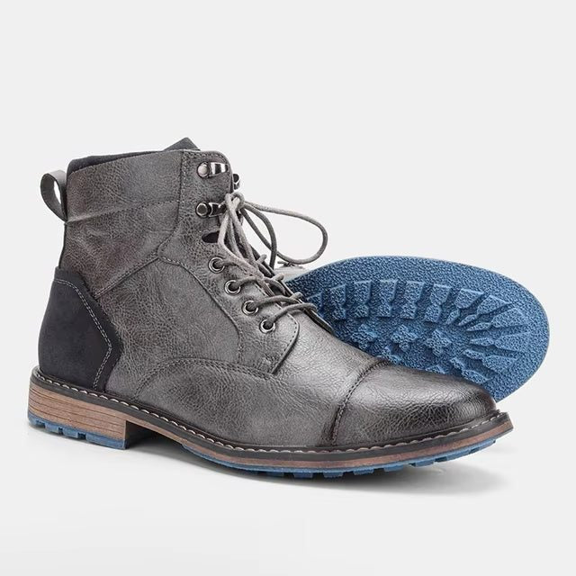Snørestøvler i læder til mænd - ankelstøvler med cap-toe, blokhæl og kontrastsål til smart-casual brug