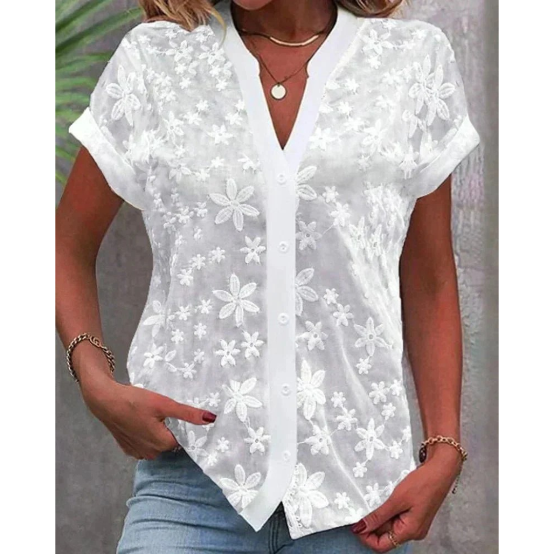 Women’s Embroidered Summer Blouse – Lightweight Short-Sleeve Button Front for Holidays and Everyday Wear