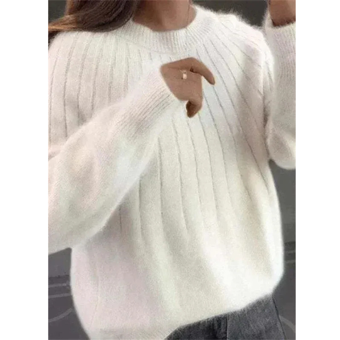 Women’s Soft Ribbed Knit Sweater – Relaxed Crew-Neck Style for Autumn and Winter Wear