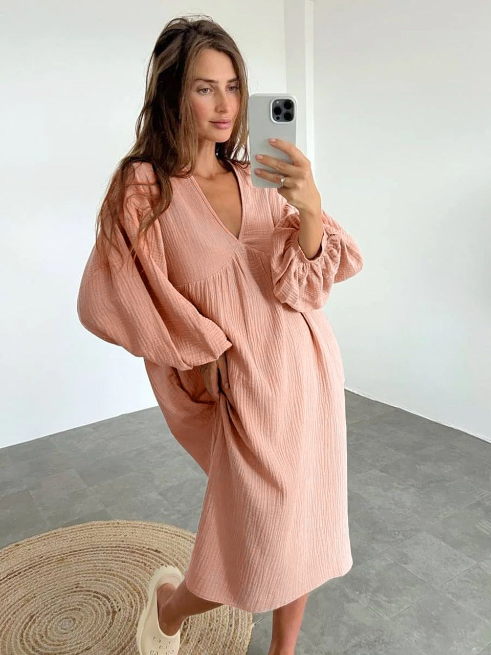 Camicia da notte midi da donna con scollo a V, maniche a sbuffo e vestibilità comoda