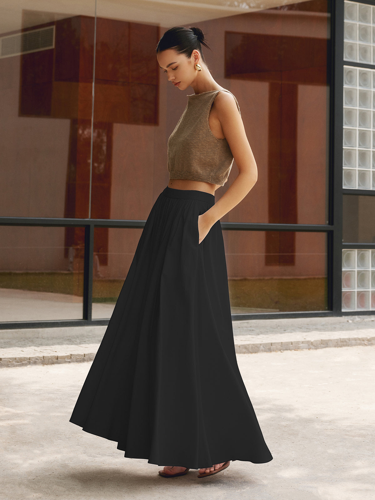 Dámská maxi sukně s vysokým pasem a plisováním Elegantní letní společenské oblečení
