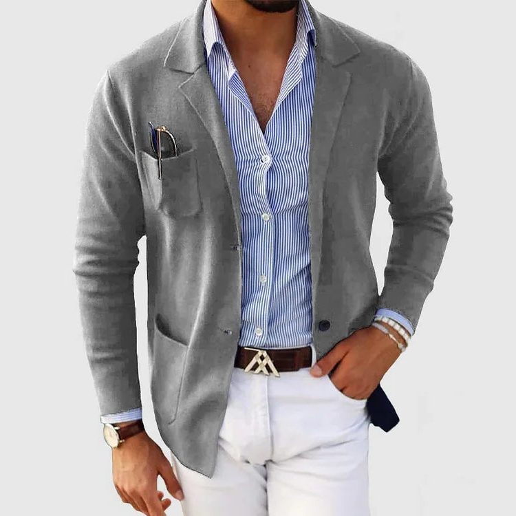 Strikket blazer-cardigan til mænd - jakke med reverskrave, knaplukning foran og påsyede lommer til smart-casual lag-på-lag