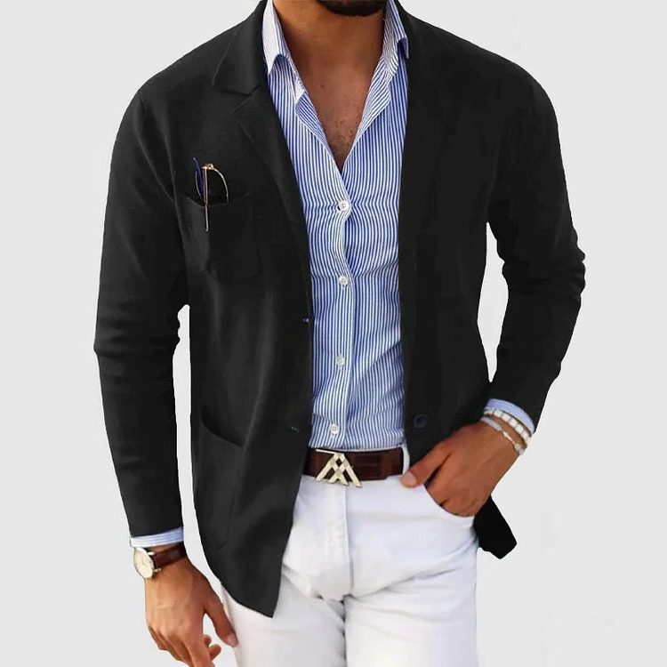 Strikket blazer-cardigan til mænd - jakke med reverskrave, knaplukning foran og påsyede lommer til smart-casual lag-på-lag