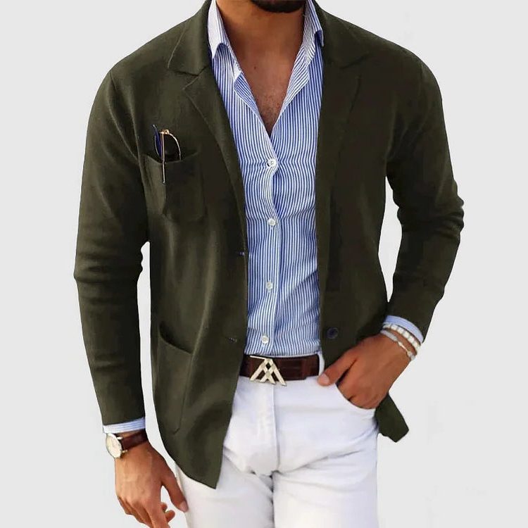 Strikket blazer-cardigan til mænd - jakke med reverskrave, knaplukning foran og påsyede lommer til smart-casual lag-på-lag