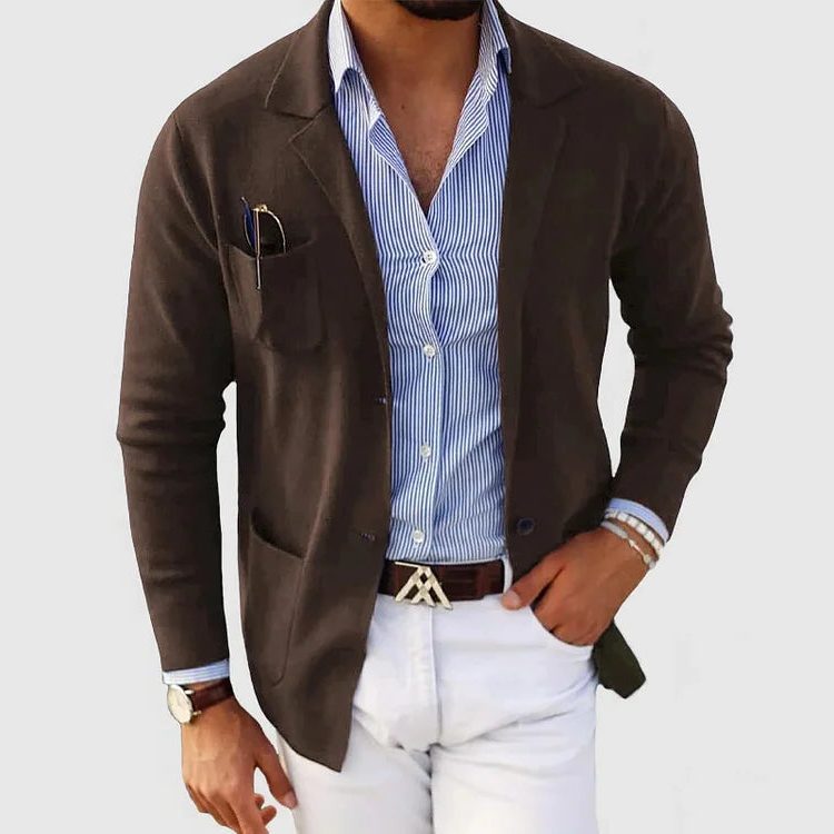 Strikket blazer-cardigan til mænd - jakke med reverskrave, knaplukning foran og påsyede lommer til smart-casual lag-på-lag