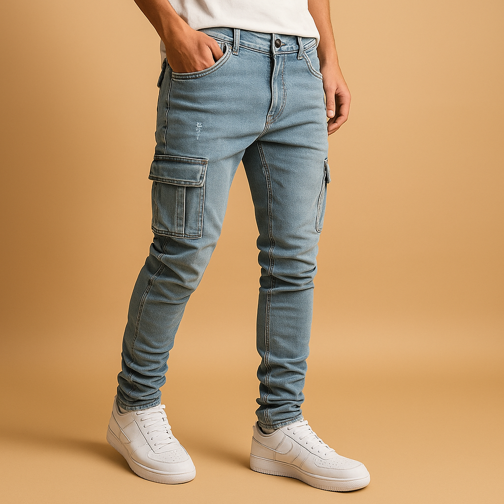 Pánske džínsy s úzkymi nohavicami a praktickými vreckami – bavlnené denimové nohavice na ležérny streetwear a víkendové outfity
