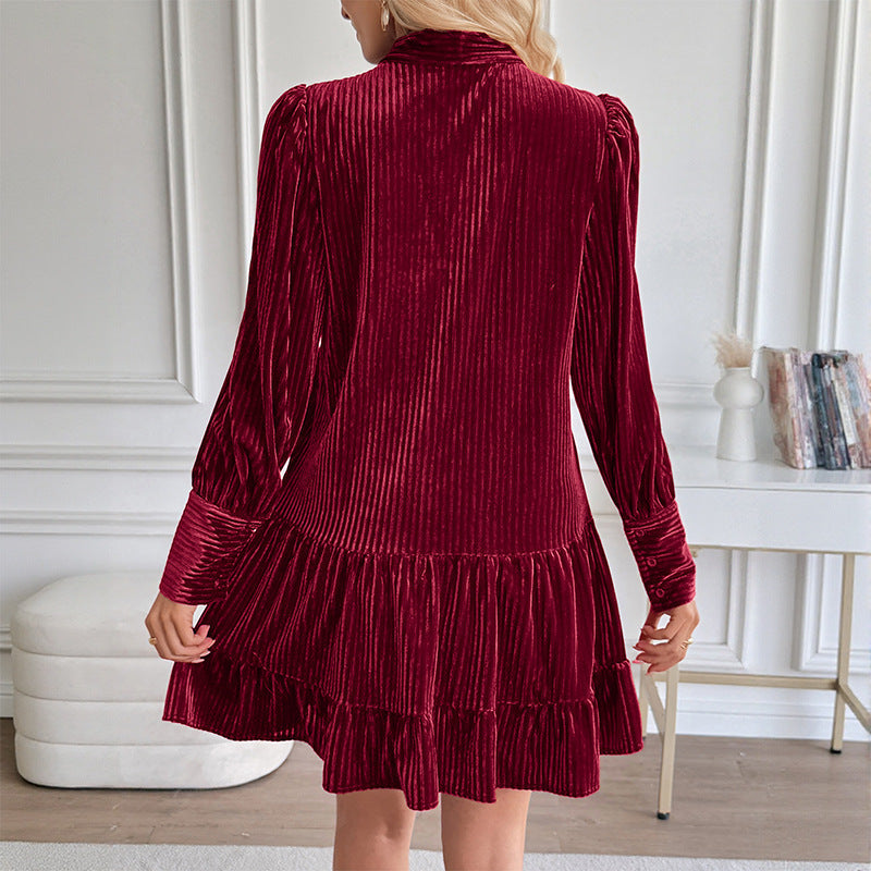 Women’s Velvet Mini Dress Bow Tie Pleated Long Sleeves