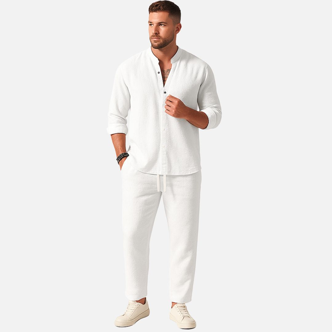 Ensemble deux pièces pour homme : chemise décontractée col mao et pantalon