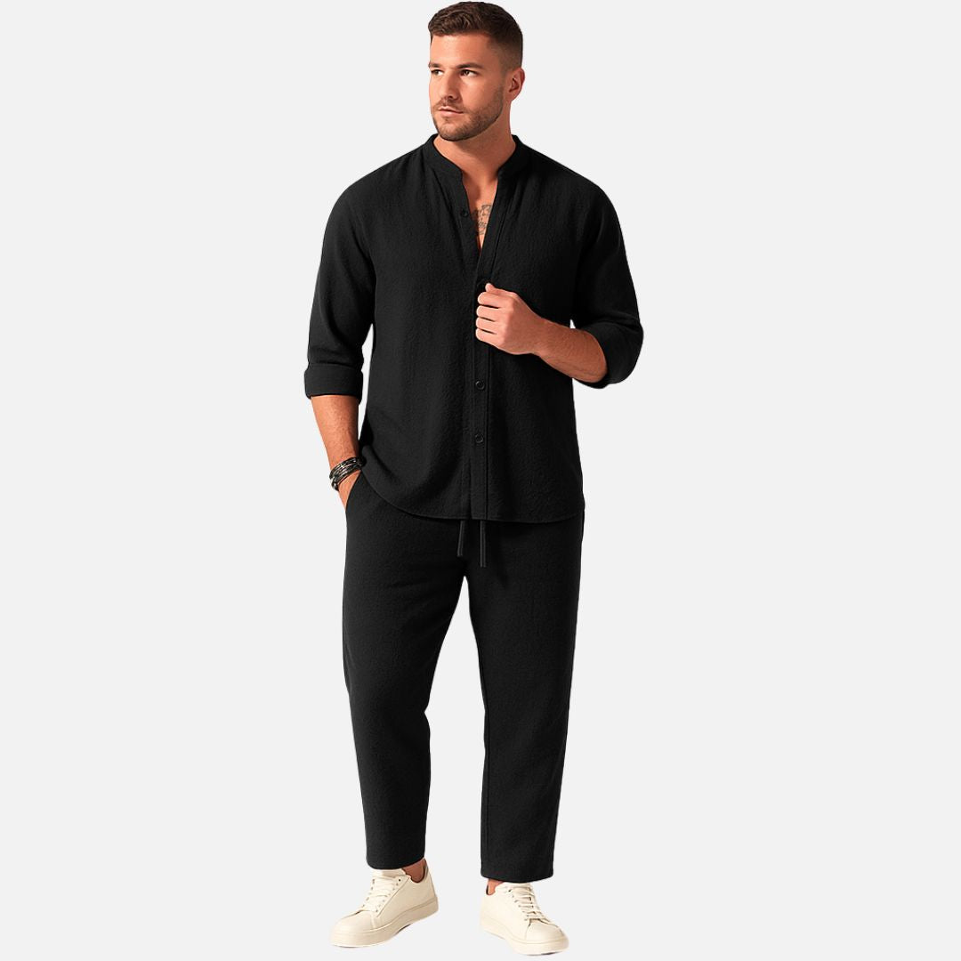 Ensemble deux pièces pour homme : chemise décontractée col mao et pantalon
