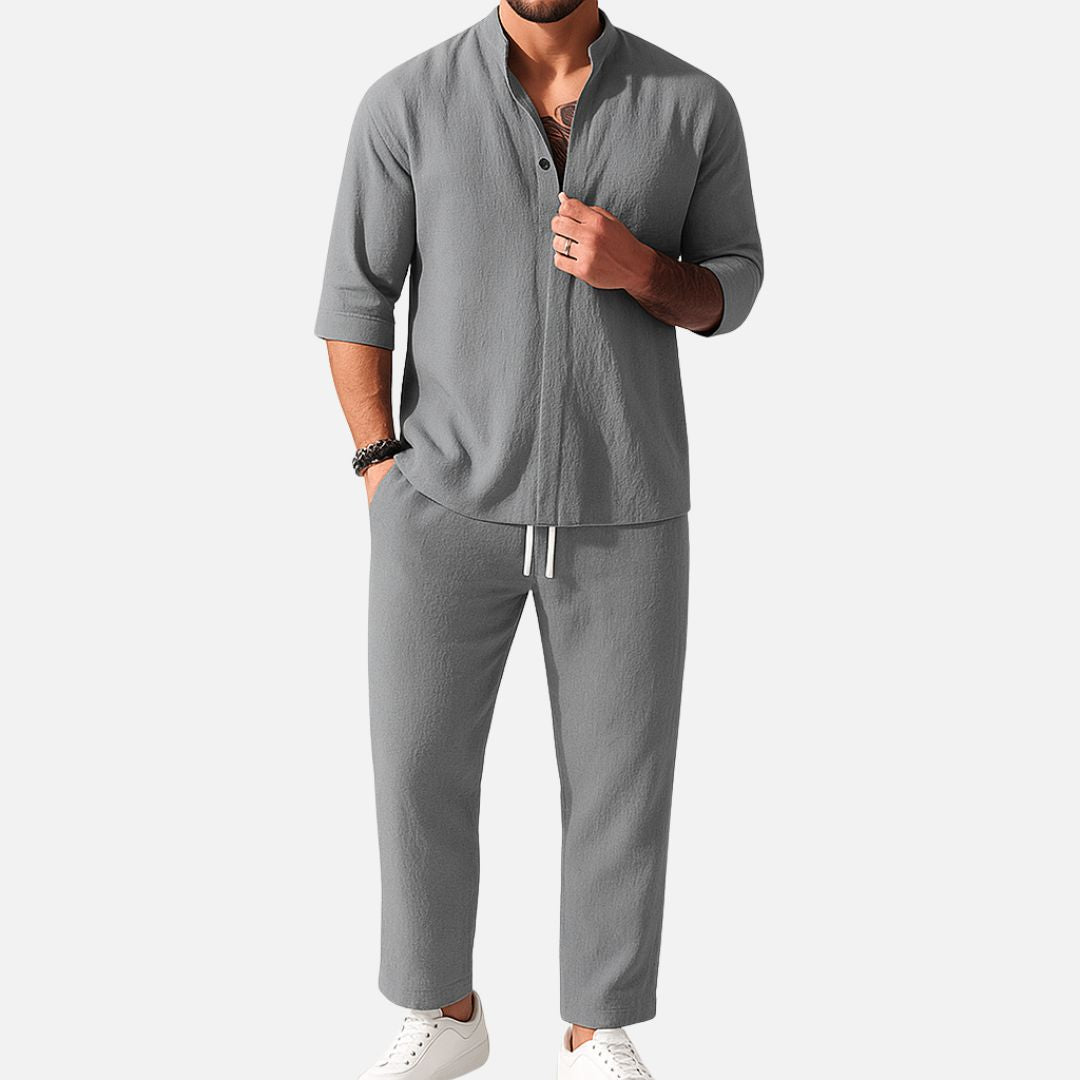 Ensemble deux pièces pour homme : chemise décontractée col mao et pantalon