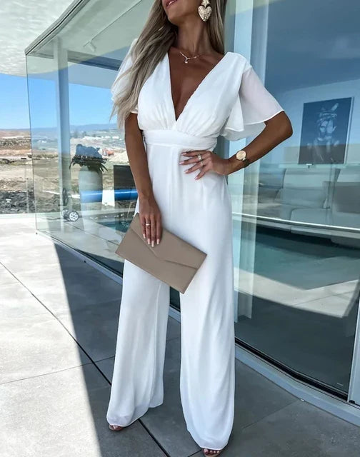 Women’s Elegant Ruffle Sleeve Jumpsuit with Wide Leg Trousers Stylish Casual Evening Wear