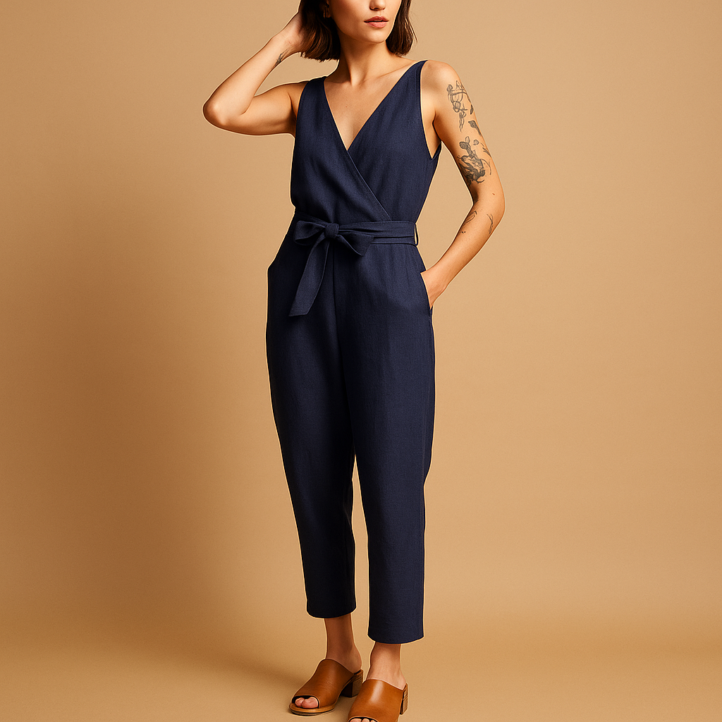 Macacão feminino sem mangas, com decote em V, cintura com laço e bolsos laterais - modelo afunilado descontraído para dias de verão e ocasiões casuais elegantes