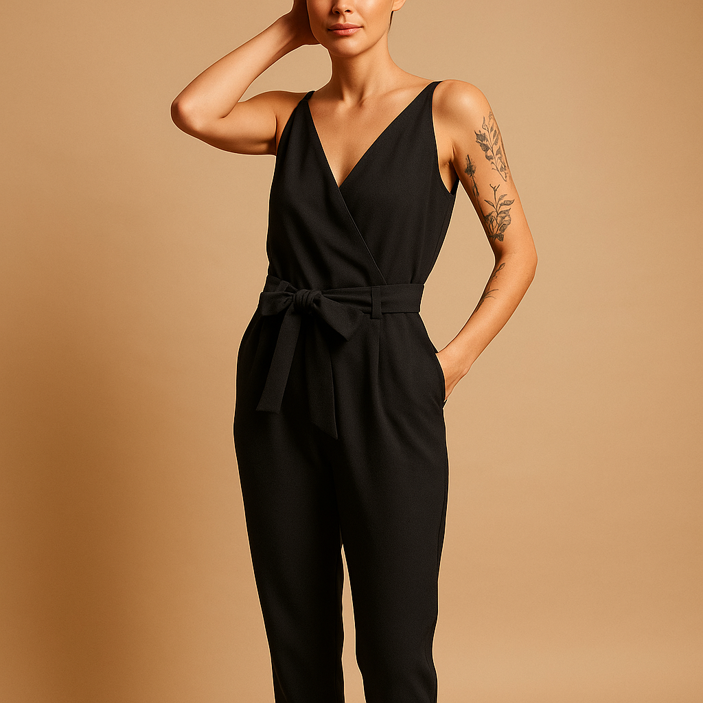 Macacão feminino sem mangas, com decote em V, cintura com laço e bolsos laterais - modelo afunilado descontraído para dias de verão e ocasiões casuais elegantes