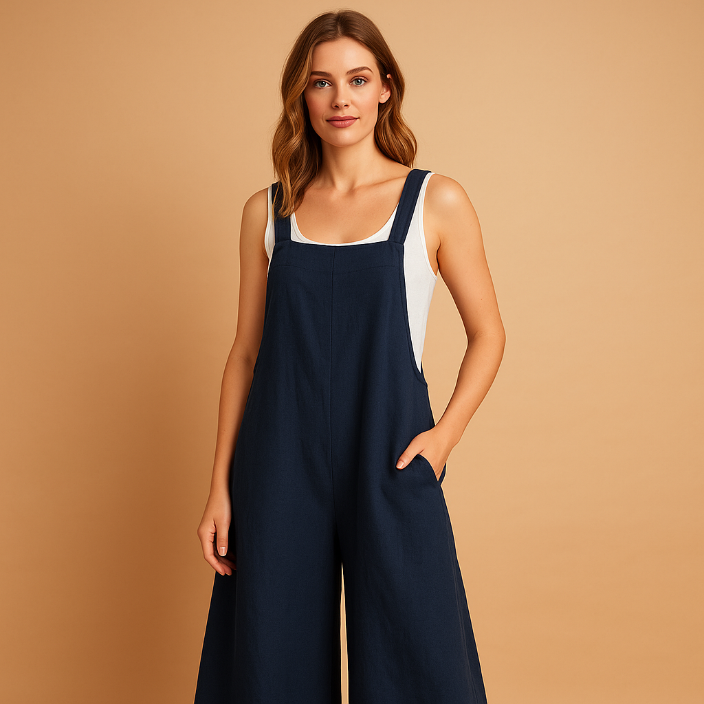 Women’s Cotton-Linen Wide-Leg Jumpsuit – Relaxed Sleeveless Summer Style for Casual Days and Travel