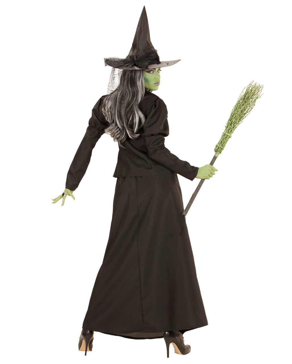 Halloweenkostume til kvinder med sort heksejakke, nederdel og hat