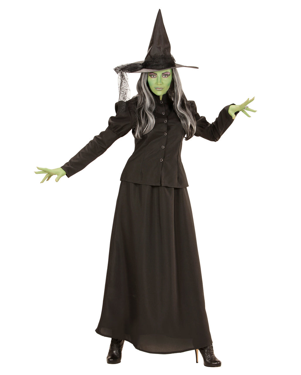 Halloweenkostume til kvinder med sort heksejakke, nederdel og hat