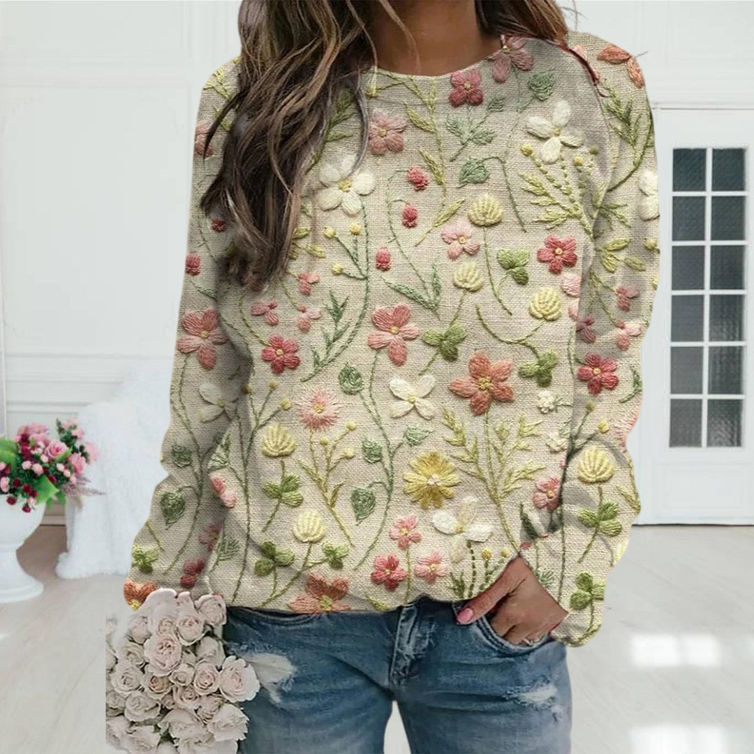 Women’s Floral Embroidered Sweater – Cotton Crew Neck Lightweight Spring Casual Knitwear