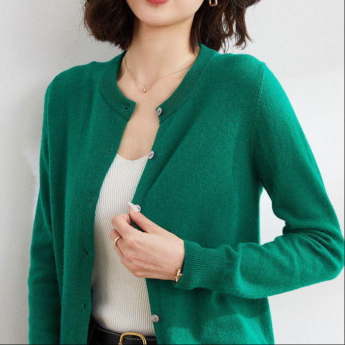 Women’s Round Neck Knitted Cardigan with Long Sleeves and Ribbed Trims – Simple Everyday Layer for Casual and Smart Outfits